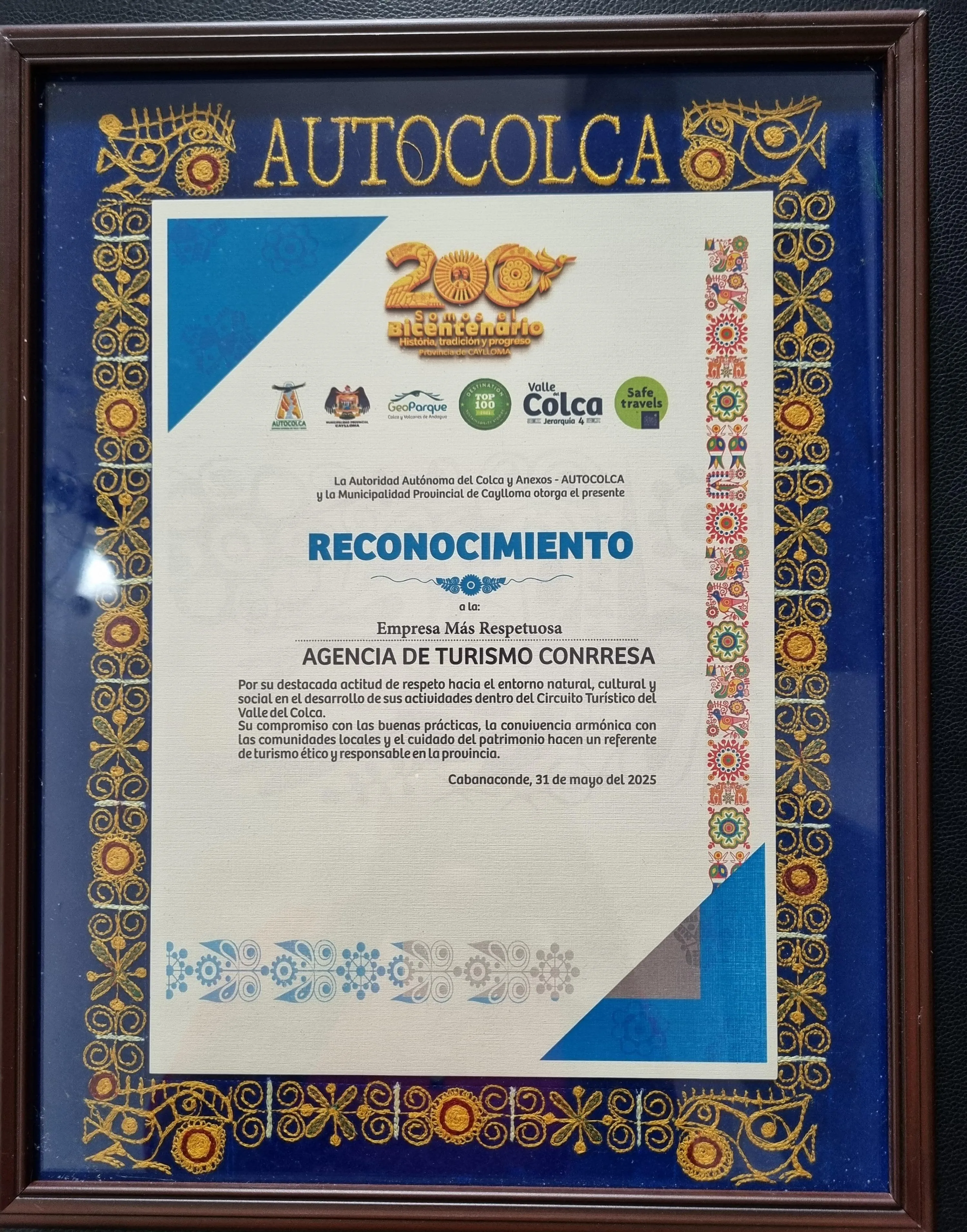 Certificado de premio a Conresa Tours
